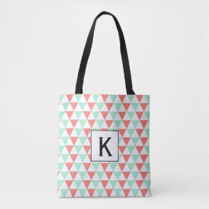 Monogram Coral Pink and Mint Green Triangles Tote Bag