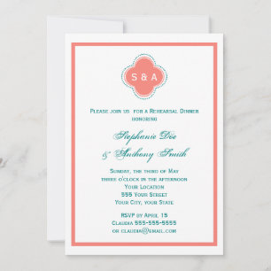 Monogram Coral Pink and Teal Quatrefoil Wedding Invitation