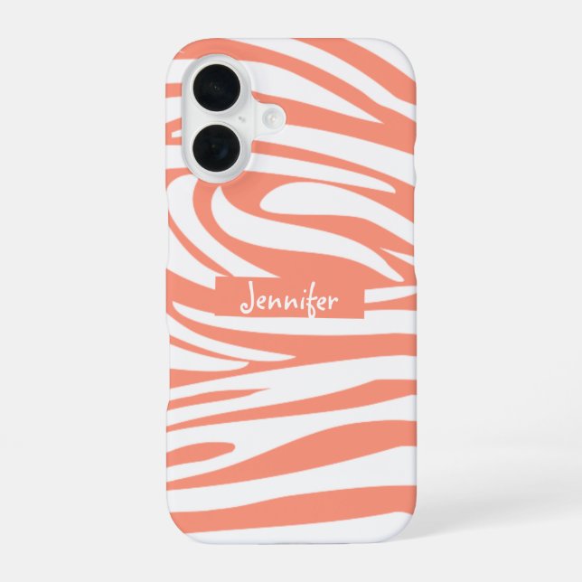 Monogram Coral Pink Striped Zebra Pattern Trendy iPhone 16 Case (Back)
