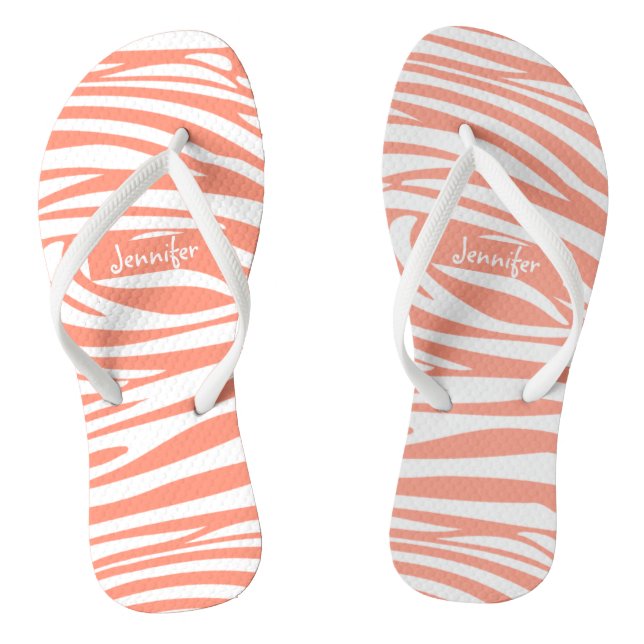 Monogram Coral Pink Striped Zebra Pattern Trendy Thongs (Footbed)