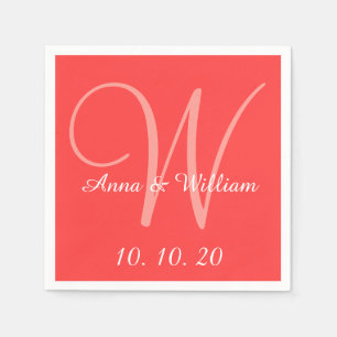 Monogram Coral Red Coloured Wedding Paper Napkins