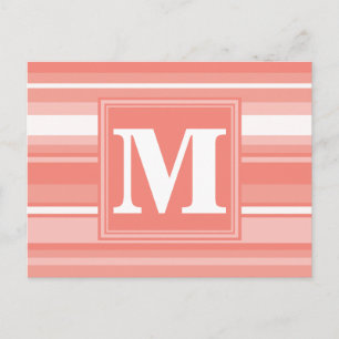 Monogram coral stripes postcard