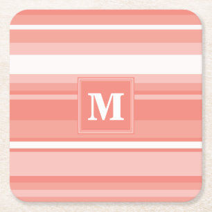 Monogram coral stripes square paper coaster