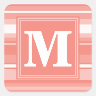 Monogram coral stripes square sticker