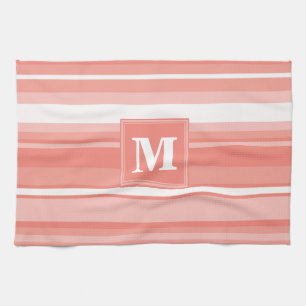 Monogram coral stripes tea towel