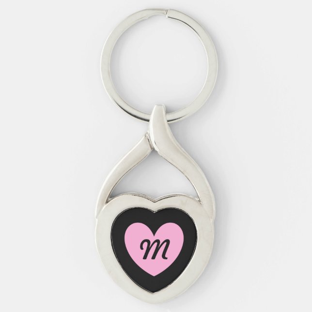 Monogram Cotton Candy Pink heart on black Key Ring (Front)