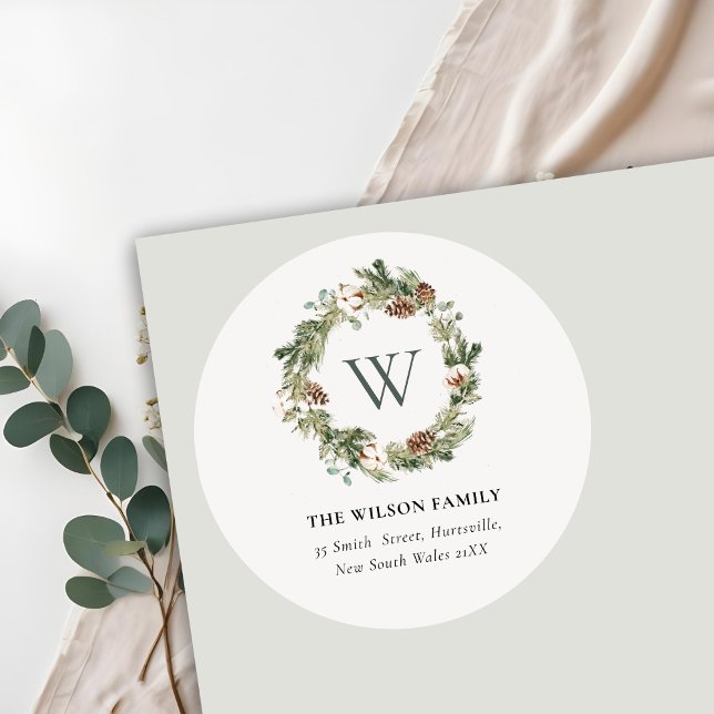 Monogram Cotton Pine Cone Christmas Wreath Address Classic Round Sticker (Creator Uploaded)