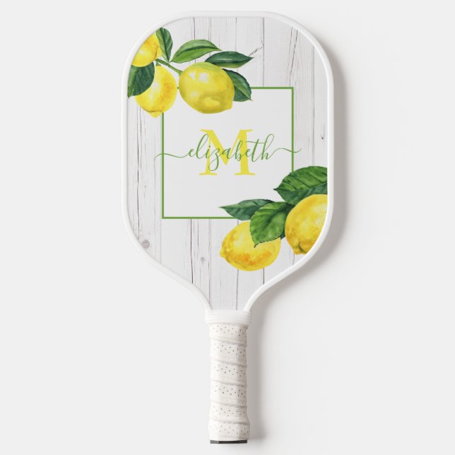 Monogram country lemons watercolor on rustic wood pickleball paddle (Front)