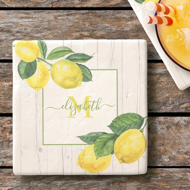 Monogram country lemons watercolor on rustic wood stone coaster (Creator Uploaded)