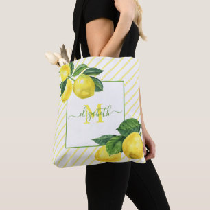 Monogram country lemons watercolor stripes rustic tote bag