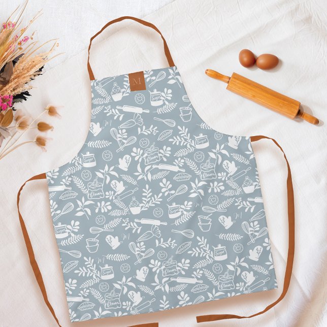 Monogram Country Style Floral Baking Pattern Blue Apron (Monogram Country Style Floral Baking Pattern Blue Apron)