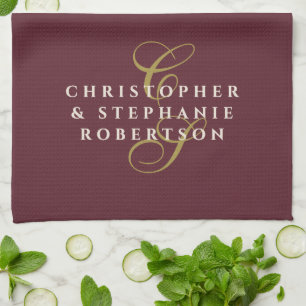Monogram Couple Burgundy Gold Cream Minimalist  Tea Towel