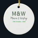 Monogram couple grey green modern romantic date si ceramic ornament<br><div class="desc">girly design</div>