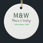 Monogram couple grey green modern romantic date si ceramic ornament<br><div class="desc">girly design</div>