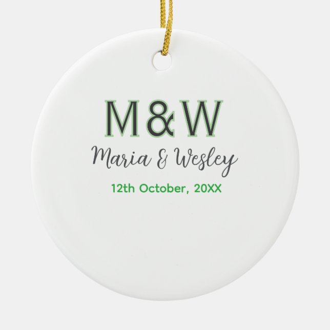 Monogram couple grey green modern romantic date si ceramic ornament (Front)