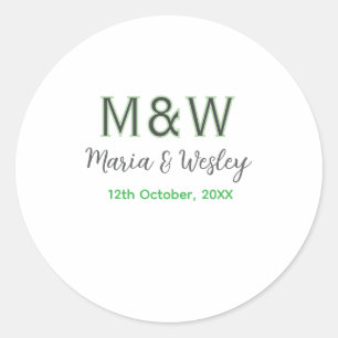 Monogram couple grey green modern romantic date si classic round sticker