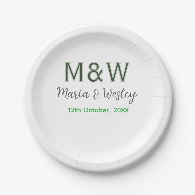 Monogram couple grey green modern romantic date si paper plate (Front)