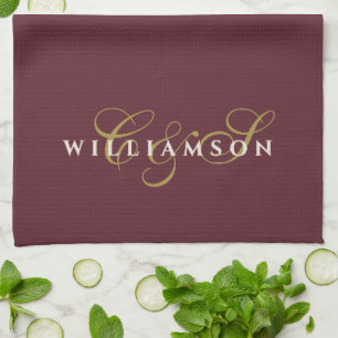 Monogram Couple Minimalist Burgundy Gold Cream  Tea Towel