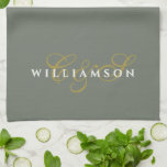 Monogram Couple Minimalist Olive Green Gold White Tea Towel<br><div class="desc">Premium look modern calm sophisticated , minimalist minimal neutral stylish kitchen towel for a couple, very durable and machine washable. Personalizable customizable with monogram, initial letters from he and she and family name. Classy timeless monochrome monochromatic olive green natural background, elegant gold calligraphy script handwritten initial letters from his and...</div>