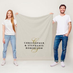 Monogram Couple Minimalist Sand Beige Gold Black  Fleece Blanket