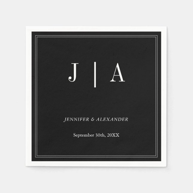 Monogram Couple Name Modern Simple Black And White Napkin (Front)