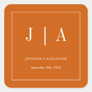 Monogram Couple Name Simple Burnt Orange And White Square Sticker
