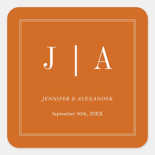 Monogram Couple Name Simple Burnt Orange And White Square Sticker (Front)