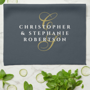 Monogram Couple Navy Blue Gold White Minimalist Tea Towel