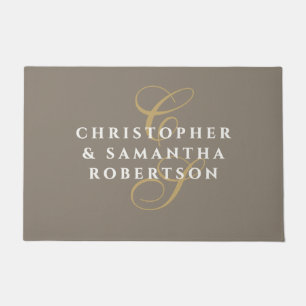 Monogram Couple Taupe Brown Gold White Minimalist Doormat