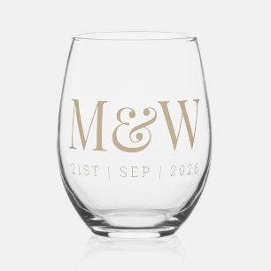 Monogram Couple's Modern Initials Gold Wedding Stemless Wine Glass