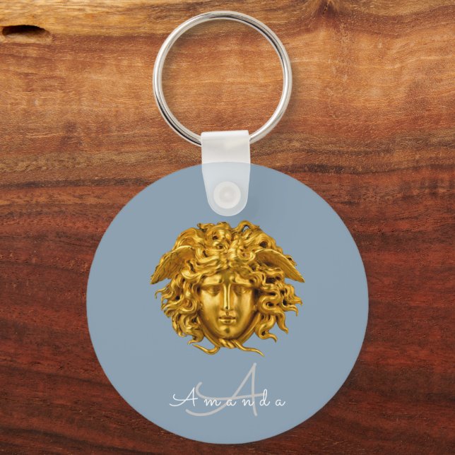 Monogram Couture Gold Medusa Mask Dusty Blue Key Ring (Front)