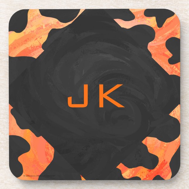 Monogram Cow Black and Orange Print Coaster (Front)