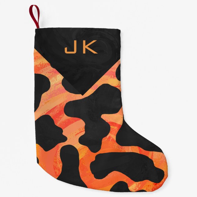 Monogram Cow Black and Orange Print Pattern Small Christmas Stocking (Front)