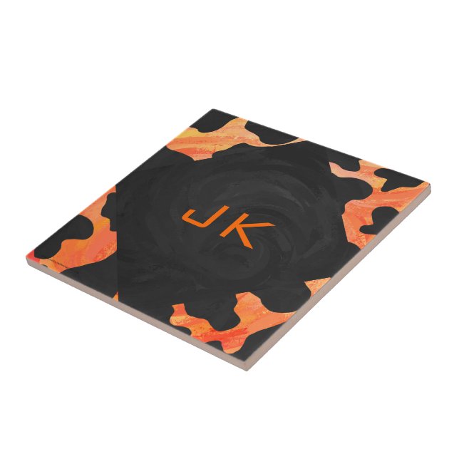 Monogram Cow Black and Orange Print Tile (Side)