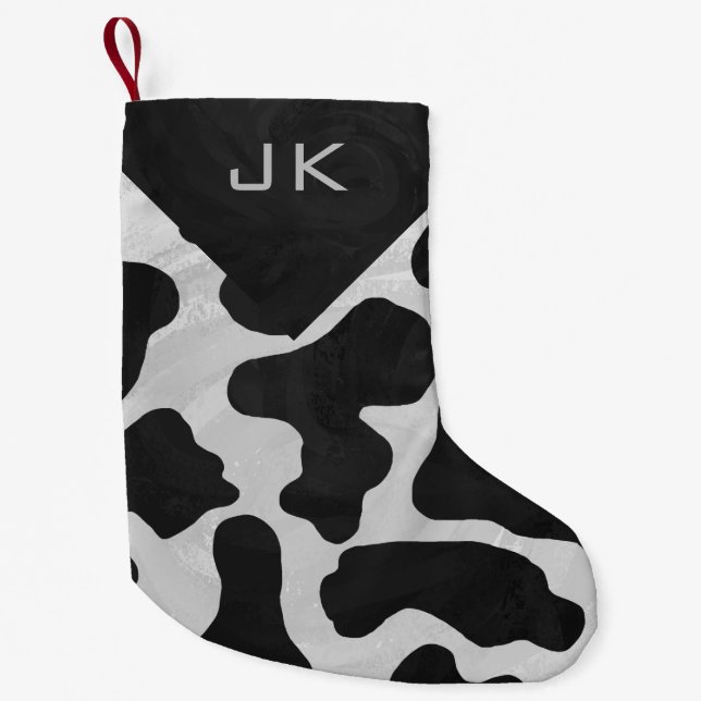 Monogram Cow Black and White Print Pattern Small Christmas Stocking (Front)
