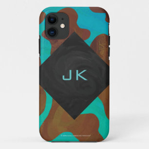 Monogram Cow Brown and Teal Print iPhone 11 Case