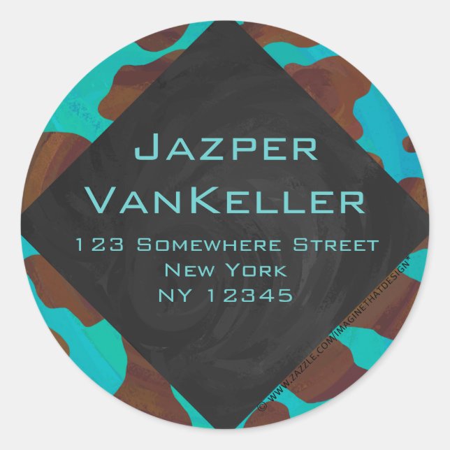 Monogram Cow Brown and Teal Print Classic Round Sticker (Front)