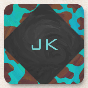 Monogram Cow Brown and Teal Print Coaster