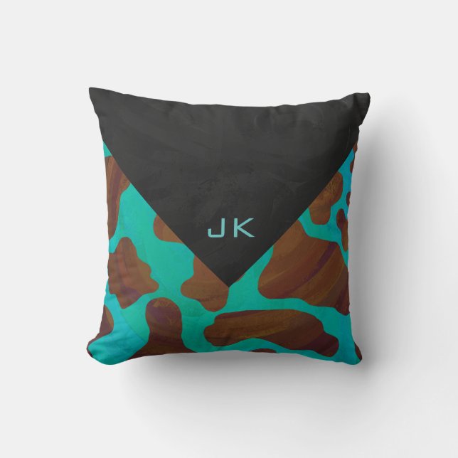 Monogram Cow Brown and Teal Print Cushion (Front)