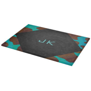Monogram Cow Brown and Teal Print Cutting Board