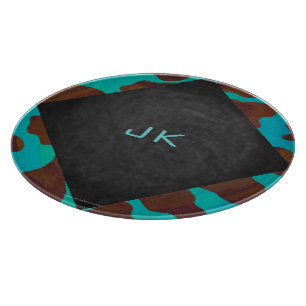 Monogram Cow Brown and Teal Print Cutting Board