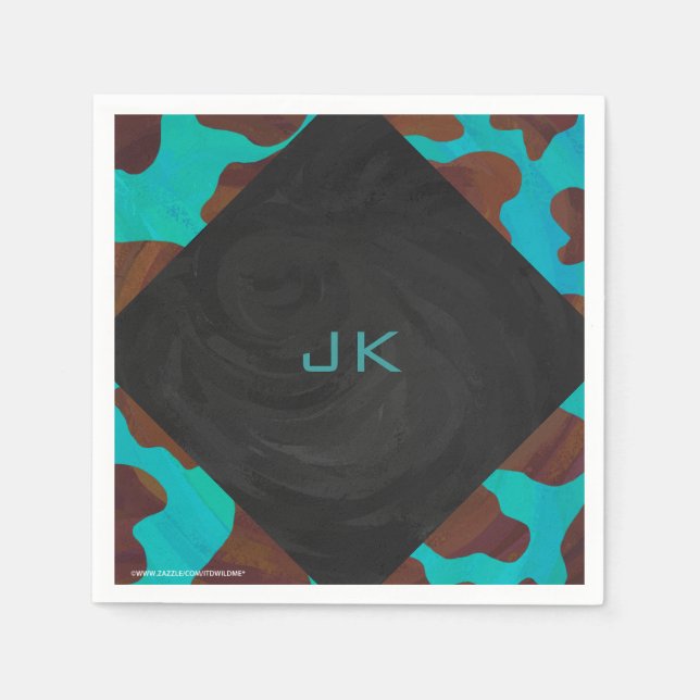 Monogram Cow Brown and Teal Print Napkin (Front)
