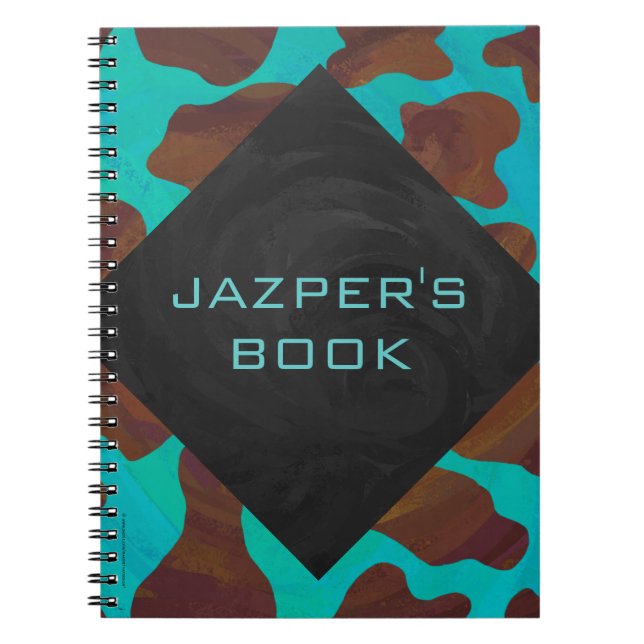 Monogram Cow Brown and Teal Print Notebook (Front)