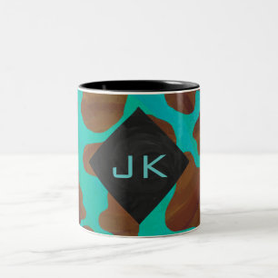 Monogram Cow Brown and Teal Print Two-Tone Coffee Mug