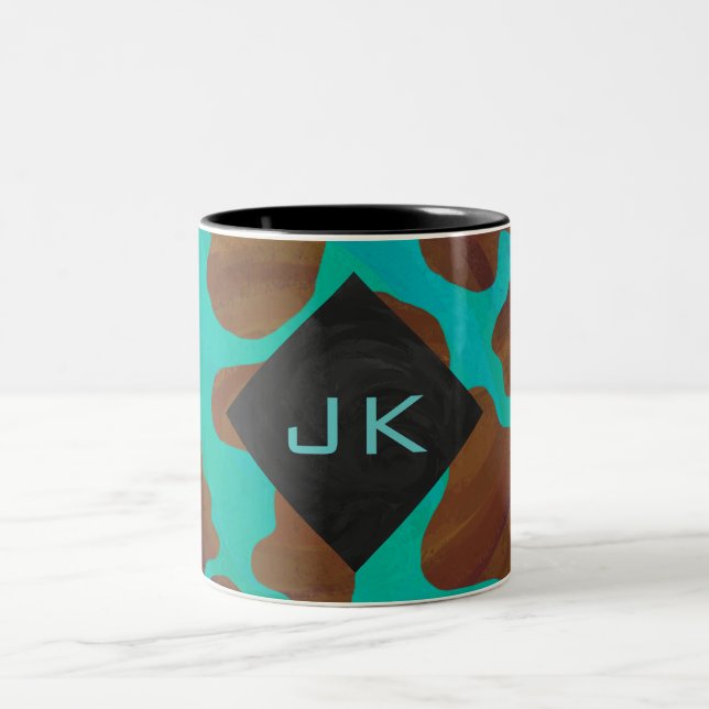 Monogram Cow Brown and Teal Print Two-Tone Coffee Mug (Center)