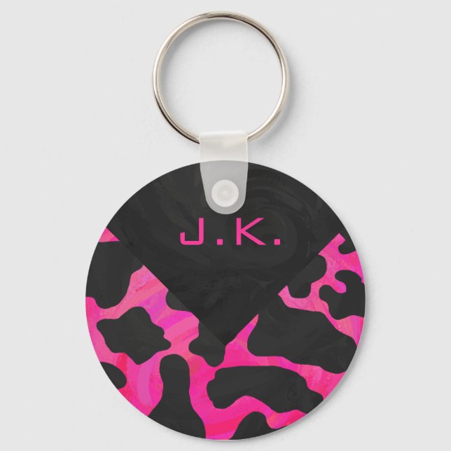 Monogram Cow Hot Pink and Black Print Key Ring (Front)