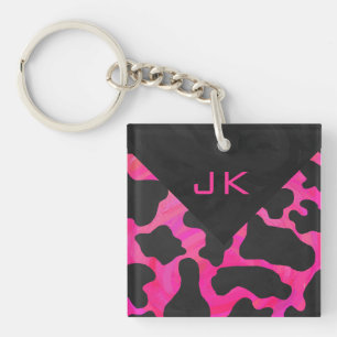 Monogram Cow Hot Pink and Black Print Key Ring