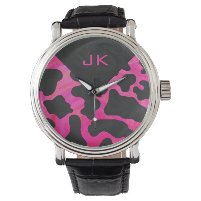 Monogram Cow Hot Pink and Black Print Watch (Front)