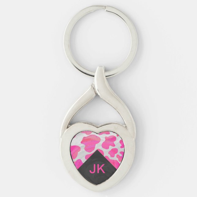 Monogram Cow Hot Pink and White Print Key Ring (Front)