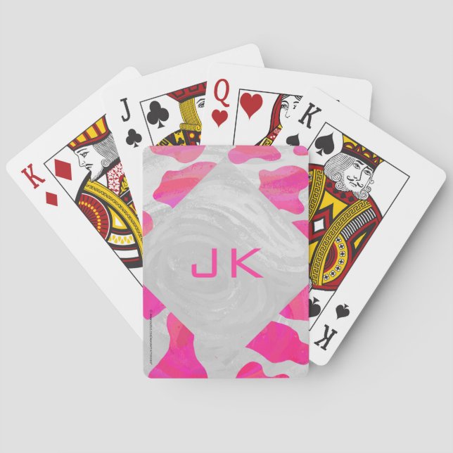 Monogram Cow Hot Pink and White Print Playing Cards (Back)
